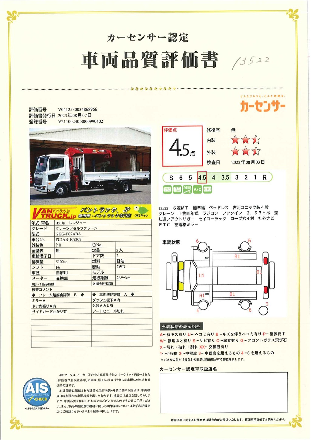 レンジャー　４トン　「標準幅　ベッドレス」　４段クレーン　古河ユニック製　積載２３５０ｋｇ　ラジコン　フックイン　２．９３ｔ吊　５．５ｍ長　差し違いアウトリガー　セイコーラック　ロープ穴４対　社外ナビ　ＥＴＣ　６速ＭＴ！40