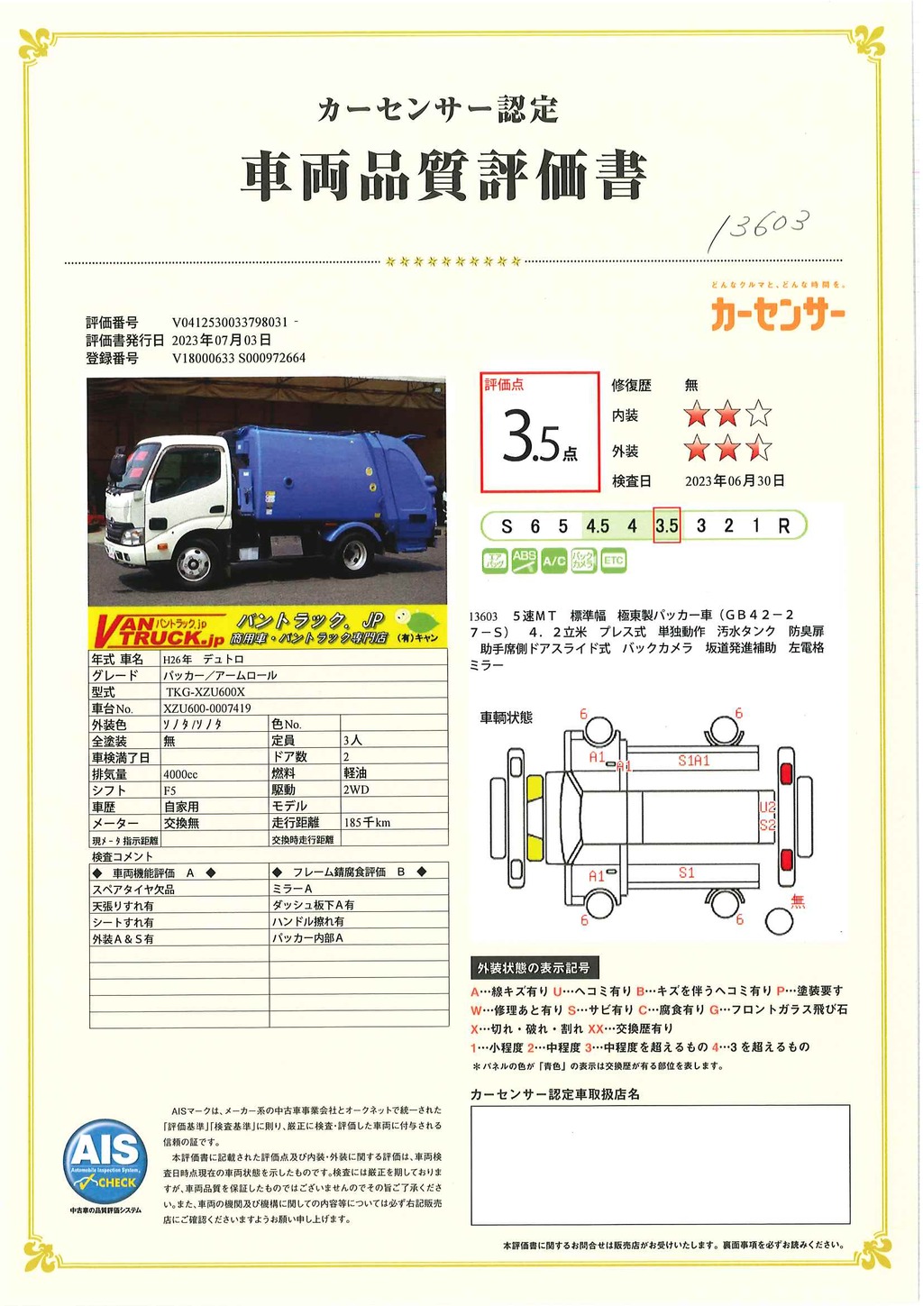 デュトロ　「標準幅」　パッカー車　プレス式　積載２０００ｋｇ　極東製　４．２立米　単独動作　汚水タンク　助手席側ドアスライド式　バックカメラ　作業中表示灯　フォグランプ　電動パーキングブレーキ　５速ＭＴ！43