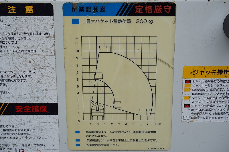 キャンター　高所作業車　アイチ製（ＳＢ１０Ａ）　最大地上高９．７ｍ　ＦＲＰバケット　バケット積載荷重２００ｋｇ　積載３００ｋｇ　工具入れ　ジョイスティックタイプ　アワーメーター：３１２５ｈ　左電格ミラー　社外ナビ　フルセグＴＶ　バックカメラ　フォグランプ　キーレス　通信工事仕様！ＡＴ車！25