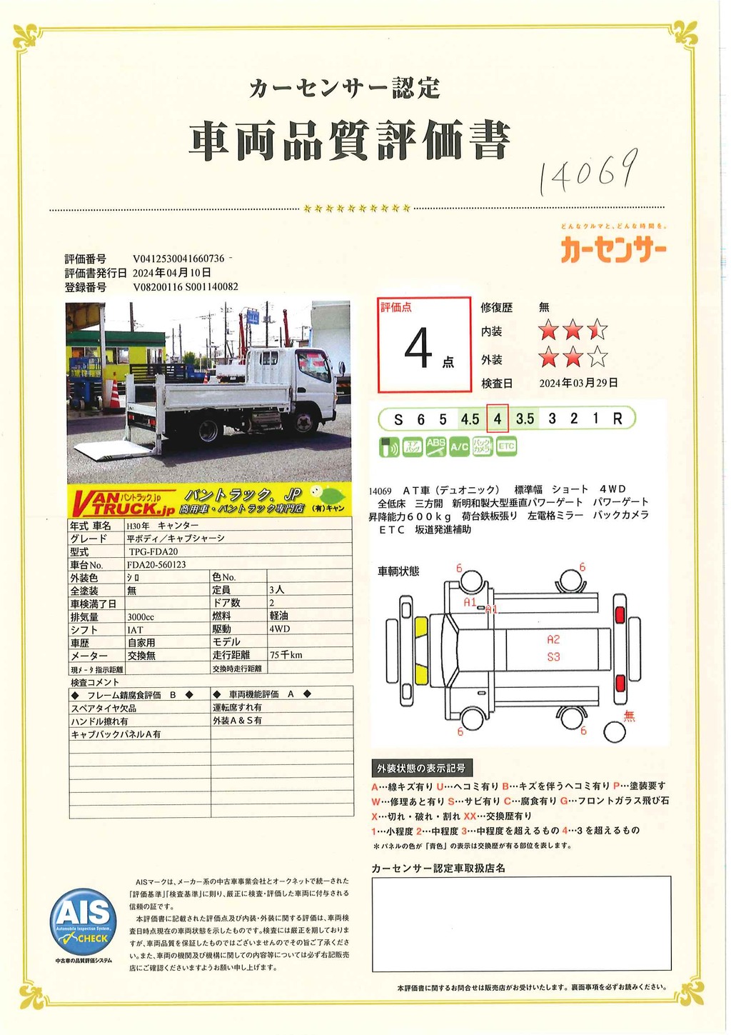 キャンター　「標準幅　ショート　４ＷＤ」　平ボディー　大型垂直パワーゲート　積載２０００ｋｇ　三方開　荷台鉄板張り　左電格ミラー　バックカメラ　ＥＴＣ　坂道発進補助　フォグランプ　キーレス　全低床　ＡＴ車！41