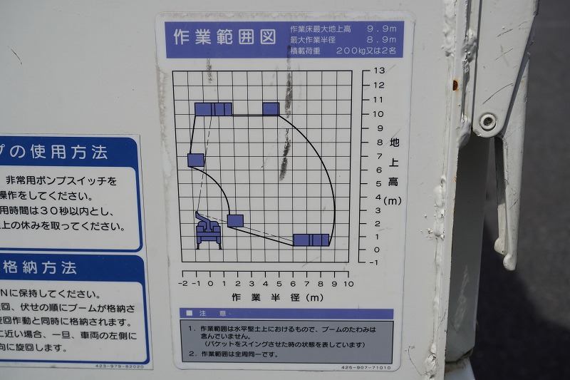 デュトロ　高所作業車　タダノ製（ＡＴ－１００ＴＴＥ）　最大地上高９．９ｍ　ＦＲＰバケット　バケット積載荷重２００ｋｇ　積載３００ｋｇ　工具入れ　ブーム自動格納　ジョイスティックタイプ　アワーメーター：１５４０ｈ　社外ナビ　フォグランプ　電気工事仕様！ＡＴ車！27