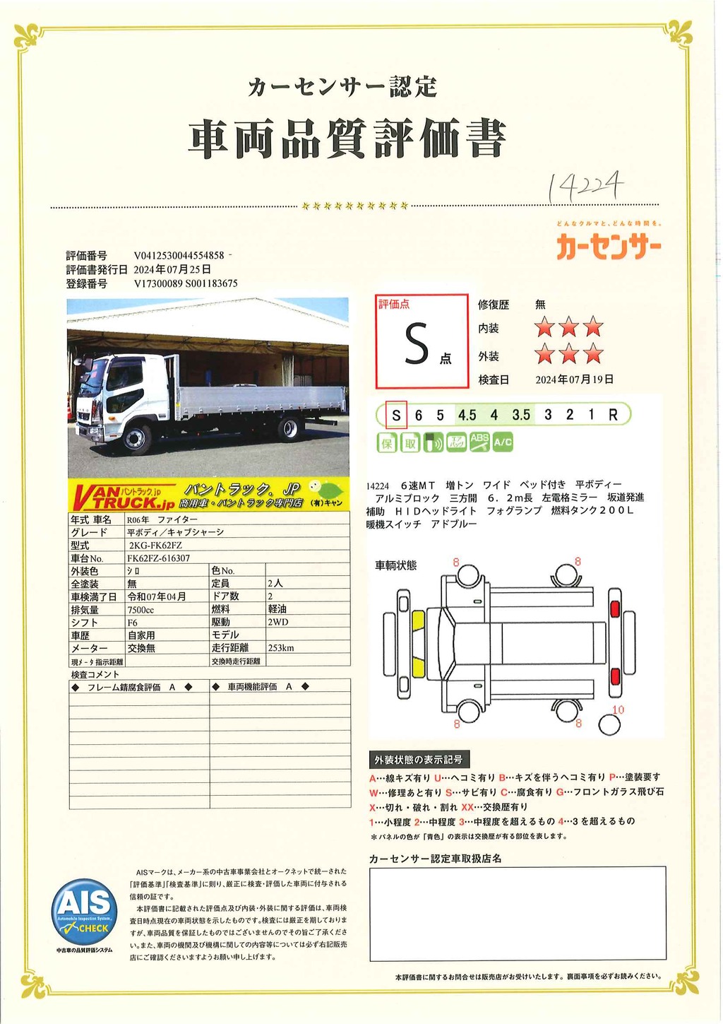 （未使用）　ファイター　増トン　「ワイド　ベッド付き」　平ボディー　アルミブロック　積載８５００ｋｇ　６．２ｍ長　三方開　坂道発進補助　ＨＩＤヘッドライト　フォグランプ　衝突軽減ブレーキ　車線逸脱警報　メッキパーツ　６速ＭＴ！　車検「Ｒ７年４月まで！」33