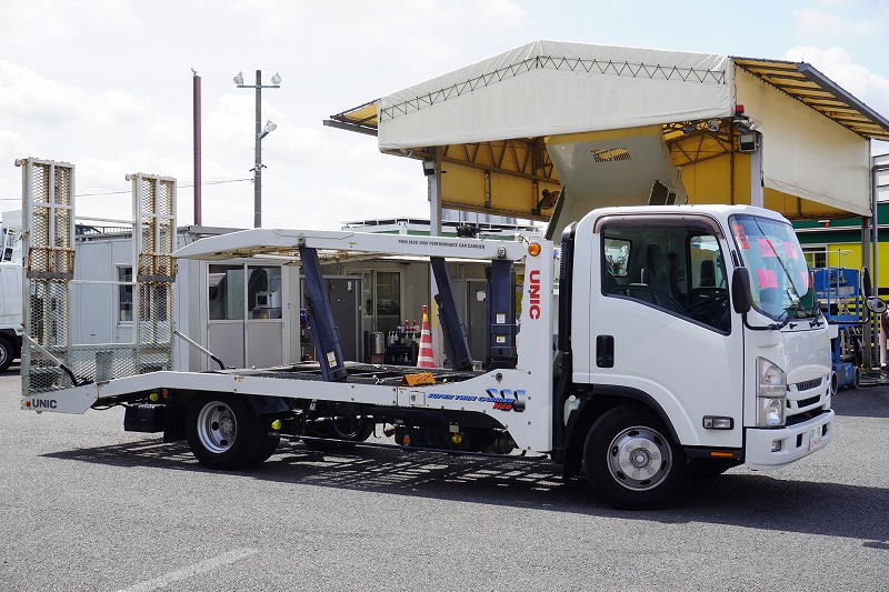 エルフ　「ワイド超ロング」　キャリアカー　２台積　積載３５００ｋｇ　古河ユニック製　ラジコン　ウインチ　油圧リアゲート　左電格ミラー　坂道発進補助　ＥＴＣ　フォグランプ　６速ＭＴ！4