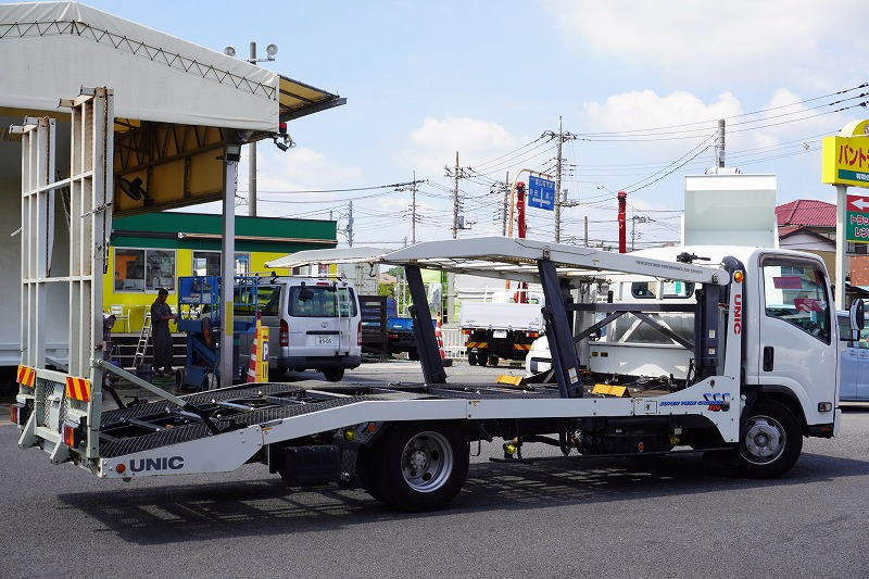 エルフ　「ワイド超ロング」　キャリアカー　２台積　積載３５００ｋｇ　古河ユニック製　ラジコン　ウインチ　油圧リアゲート　左電格ミラー　坂道発進補助　ＥＴＣ　フォグランプ　６速ＭＴ！6