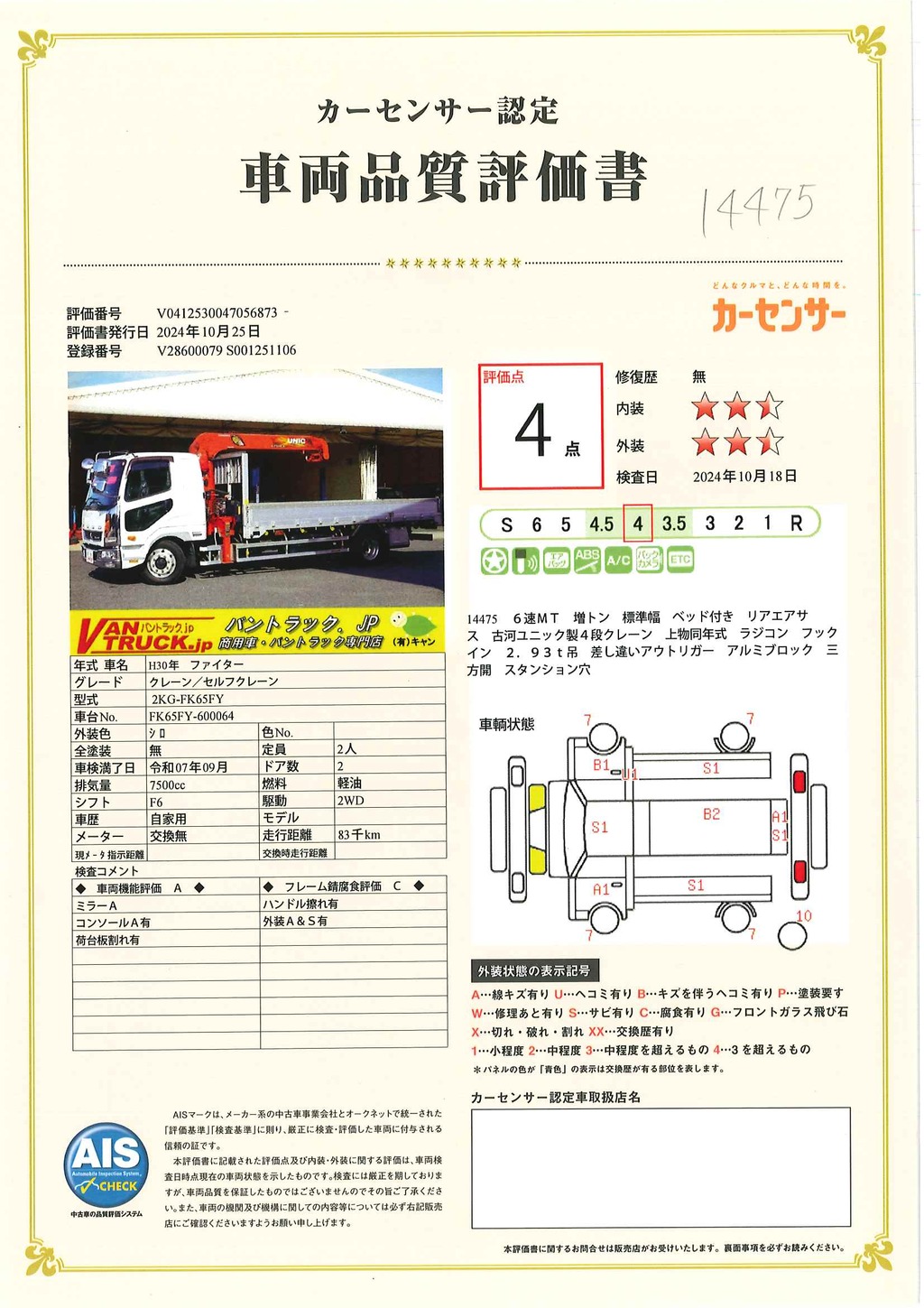 ファイター　増トン　「標準幅　ベッド付」　４段クレーン　積載４６００ｋｇ　古河ユニック製　５．５ｍ長　リアエアサス　ラジコン　フックイン　２．９３ｔ吊　アルミブロック　鳥居＆アオリ内側シマ板張り　スタンション穴　アオリプロテクター付き　アルミホイール　ステンレス工具箱　メッキパーツ　社外テール　バックカメラ　ＥＴＣ　６速ＭＴ！中型免許対応！希少車！！車検「Ｒ７年９月まで！」44