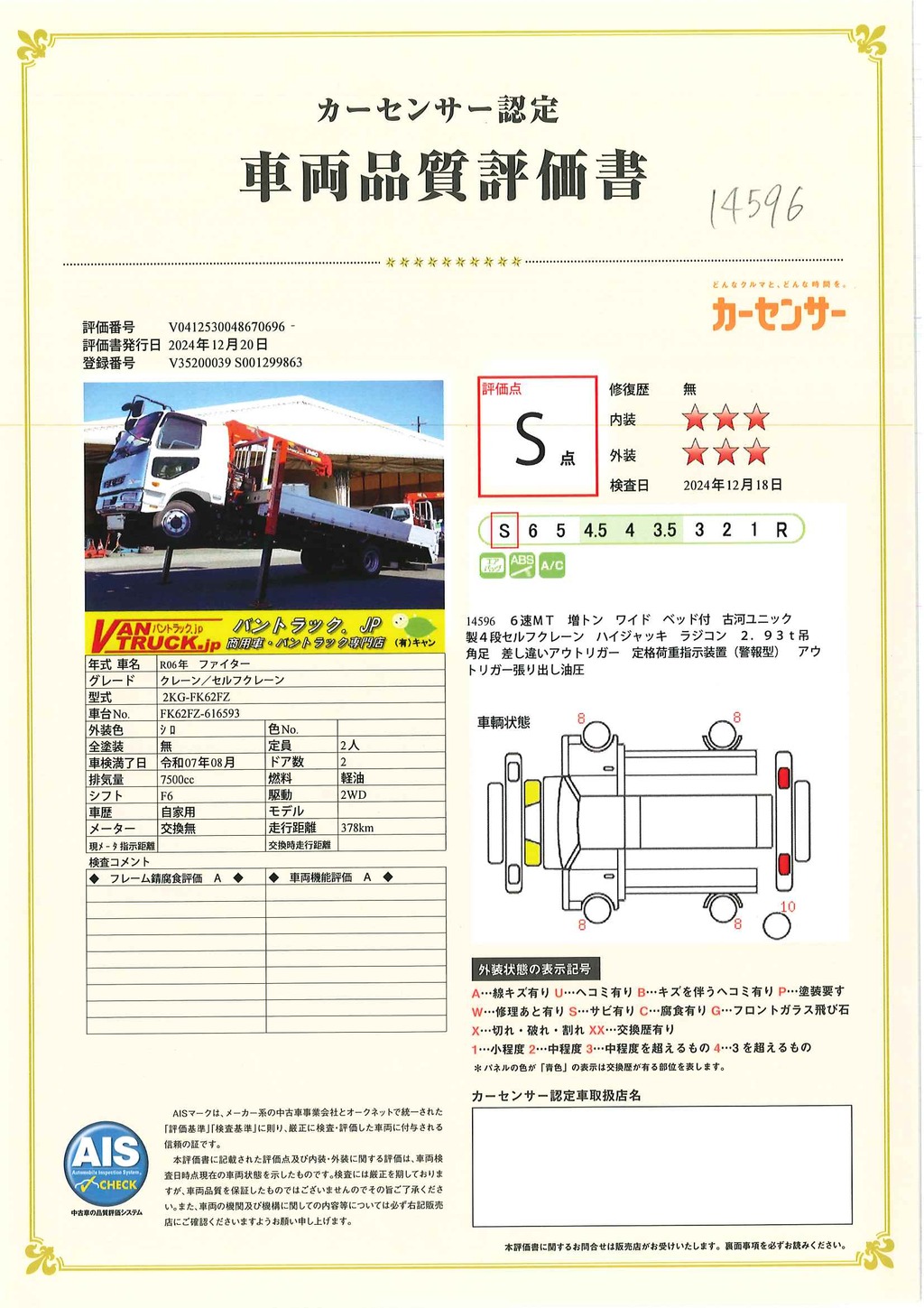 （未使用）　ファイター　増トン　「ワイド　ベッド付」　４段セルフクレーン　積載７５００ｋｇ　古河ユニック製　ハイジャッキ　アユミ板掛け　６ｍ長　アルミブロック　フックイン　ラジコン　２．９３ｔ吊　床フック５対　アウトリガー左右油圧張り出し　衝突軽減ブレーキ　車線逸脱警報　メッキパーツ多数！回送仕様！６速ＭＴ！　車検「Ｒ７年８月まで！」47