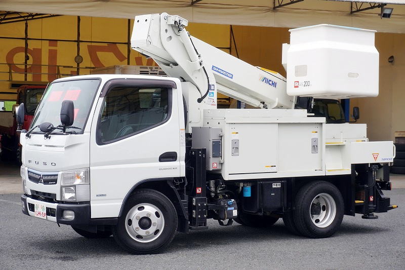 キャンター 高所作業車 アイチ製(SB10A) 最大地上高9.7m FRPバケット バケット積載荷重200kg 積載250kg 工具入れ ジョイスティックタイプ アワーメーター:4227h 左電格ミラー 社外ナビ バックカメラ ETC2.0 フォグランプ 通信工事仕様!AT車!フロント画像