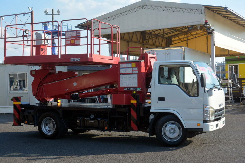 エルフ　高所作業車　タダノ製（ＡＴ１２０Ｓ）　スーパーデッキ　重荷重型　最大地上高１２ｍ　バケット積載荷重１０００ｋｇ　アワーメーター：３１３３．７ｈ　６速ＭＴ！4