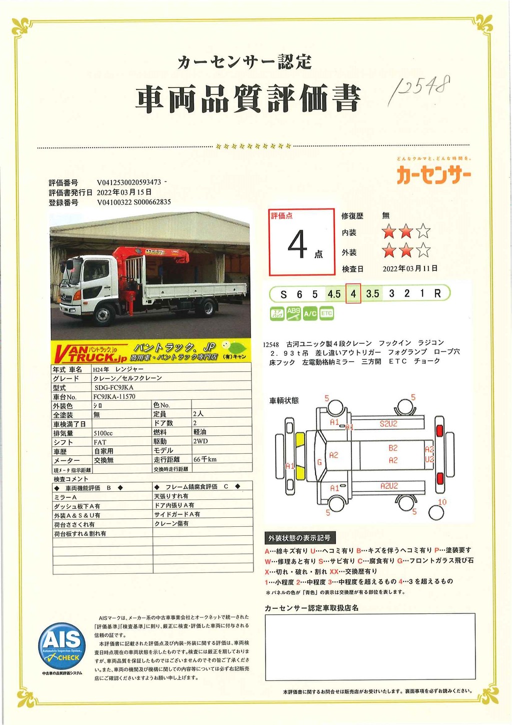 レンジャー　４トン　「標準幅　ベッドレス」　４段クレーン　積載２６００ｋｇ　古河ユニック製　２．９３ｔ吊　ラジコン　フックイン　ロープ穴３対　床フック　ＡＴ車！ 047841