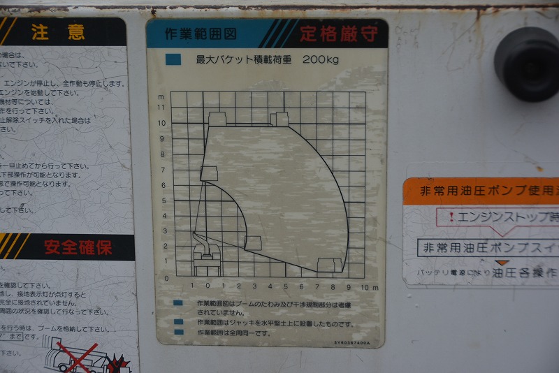 エルフ　高所作業車　アイチ製（ＳＨ１０Ａ）　最大地上高９．９ｍ　ＦＲＰバケット　バケット積載荷重２００ｋｇ　アワーメーター：８０６１．３ｈ　夜間作業用電源バッテリー　ＥＴＣ　坂道発進補助　左電格ミラー　メッキホイールライナー　電気工事仕様！６速ＭＴ！車検「Ｒ５年１月まで！」 048820