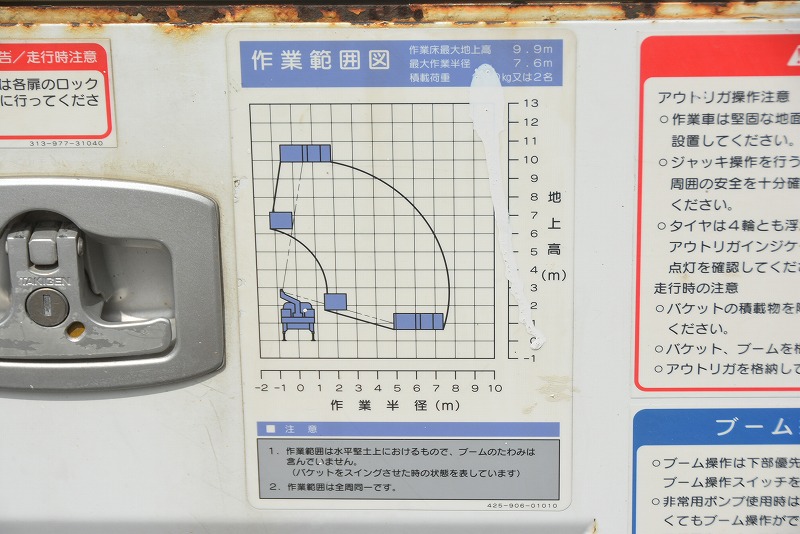 エルフ　高所作業車　タダノ製（ＡＴ－１００ＴＧ）　最大地上高９．９ｍ　鉄製バケット　バケット積載荷重２００ｋｇ　積載５００ｋｇ　ブーム自動格納　ジャッキ自動張り出し　ジョイスティックタイプ　ＡＣ１００Ｖ　坂道発進補助　左電格ミラー　ＥＴＣ　アワーメーター１２０４ｈ　６速ＭＴ！ 13