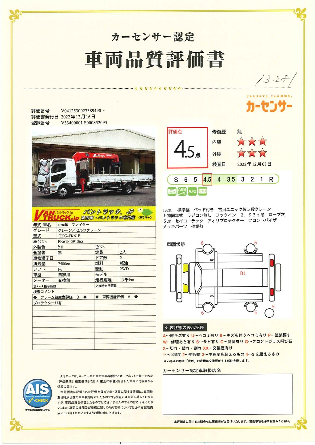 ファイター　４トン　「標準幅　ベッド付き」　５段クレーン　積載２３５０ｋｇ　古河ユニック製　ラジコン無し　フックイン　２．９３ｔ吊　ロープ穴５対　セイコーラック　アオリプロテクター付き　鳥居ステンレス張り＆工具入れ　ステンレスサイドバンパー　スタンション穴　フロントバイザー　メッキパーツ多数！低走行！６速ＭＴ！45