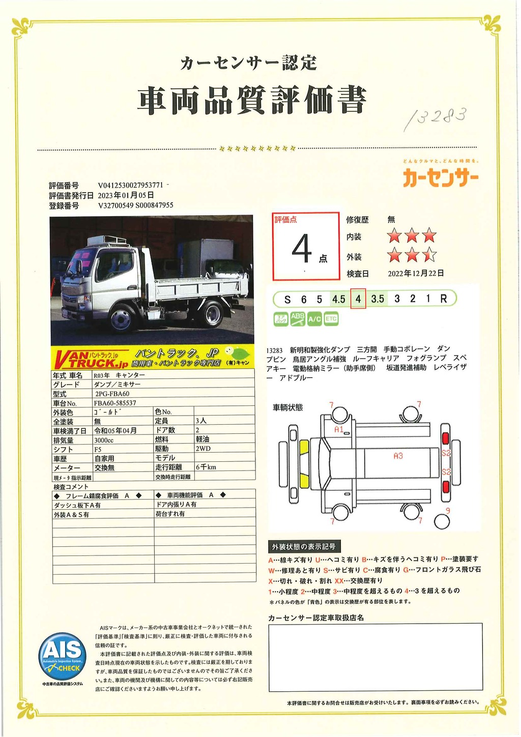 キャンター　強化ダンプ　新明和製　積載３０００ｋｇ　三方開　手動コボレーン　ダンプピン　鳥居アングル補強　ルーフキャリア　左電格ミラー　坂道発進補助　ＥＴＣ　フォグランプ　衝突軽減ブレーキ　車線逸脱警報　高年式！低走行！５速ＭＴ！車検「Ｒ５年４月まで！」　AK36