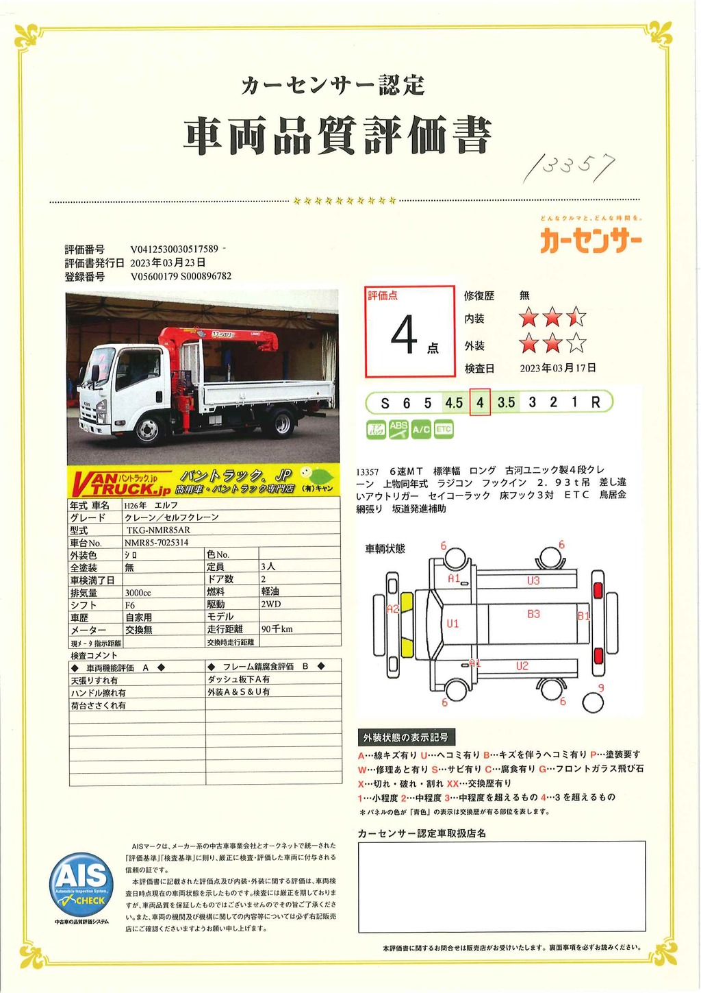 エルフ　「標準幅　ロング」　４段クレーン　古河ユニック製　積載２０００ｋｇ　ラジコン　フックイン　２．９３ｔ吊　差し違いアウトリガー　セイコーラック　床フック３対　ＥＴＣ　鳥居金網張り　坂道発進補助　左電格ミラー　フォグランプ　６速ＭＴ！41